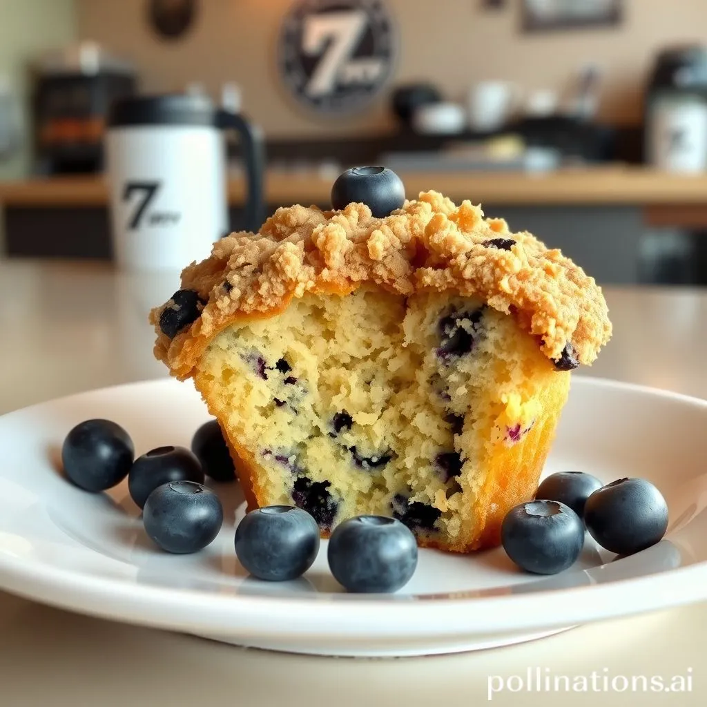 A golden-brown 7 Brew Blueberry Muffin placed on a white plate, topped with a crumbly streusel layer and dotted with baked-in blueberries. A few fresh blueberries are scattered around the plate for garnish. Soft morning light highlights the texture of the muffin, showing its fluffy inside with blueberries visible in the cross-section. The background shows a cozy coffee shop counter with a blurred 7 Brew logo in sight.